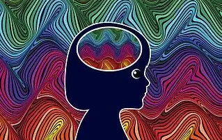 shutterstocsilhouette of girl with rainbow brain waves in backgroundk_379758844 | Michigan Brain Health Rainbow Brain Girl Illustration