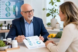 Male Clinician Reviewing Genetic Report with Female Client